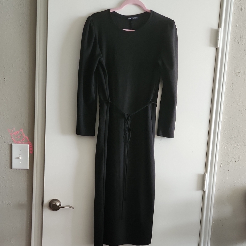 Zara Black Long Sleeve Dress with Tie on Waist | Size M